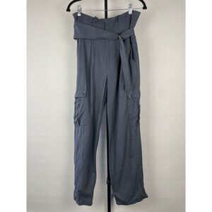 Zara Womans Tapered Cargo Pants High Rise Paperbag Sz S Blue Gray‎ Linen Blend